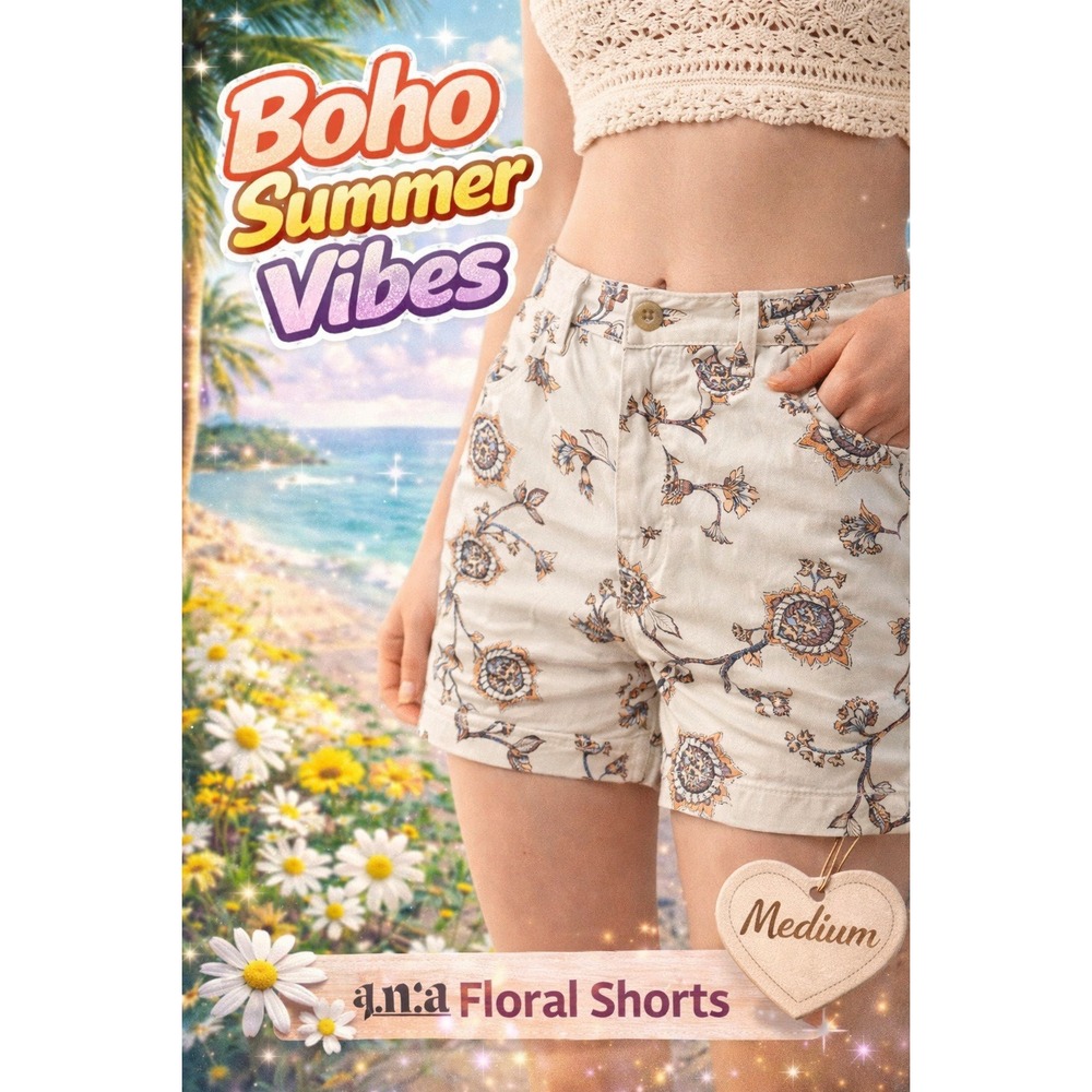 a.n.a Womens Mid Rise Shortie Shorts Floral Boho Cream Orange Size 4